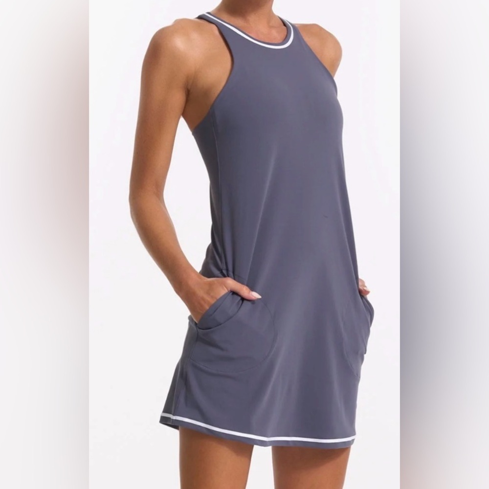 Vuori Slate Gray Racerback Mini Dress with White Trim